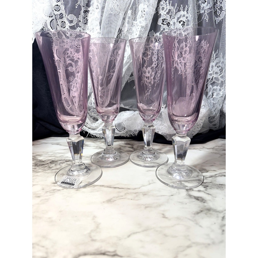 RARE 4~ Rogaska Crystal Pink‎ Champaign Flutes ~ Signed (P2942)
